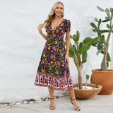 Women Date Dress Floral Dress Short Sleeve V-neck Bohemian A- line Skirt