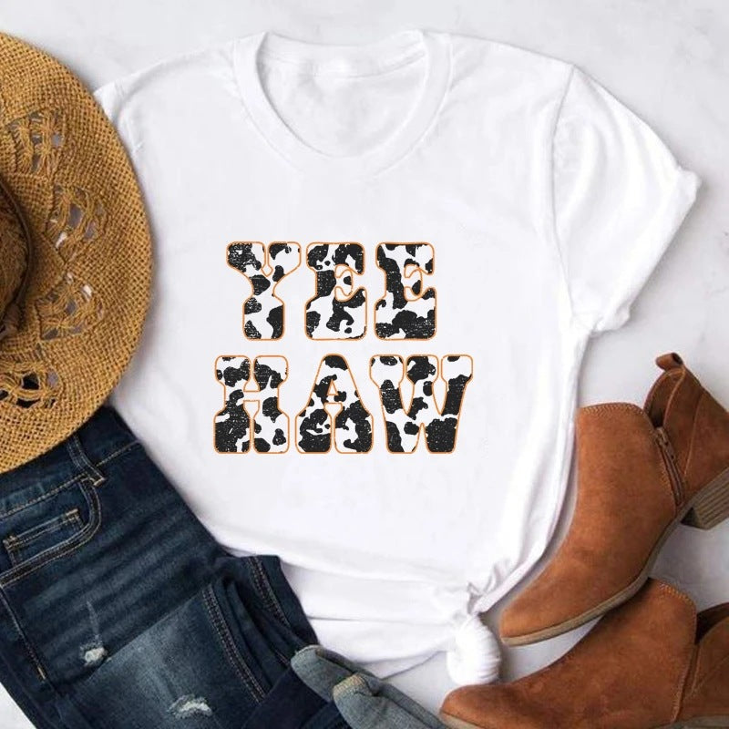 Cowgirl Vintage Boho Cute Funny T-shirt Yee Haw Cow Print