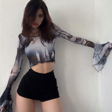 Women T-shirt Summer round Neck Pullover Horn Long Sleeve Casual Top