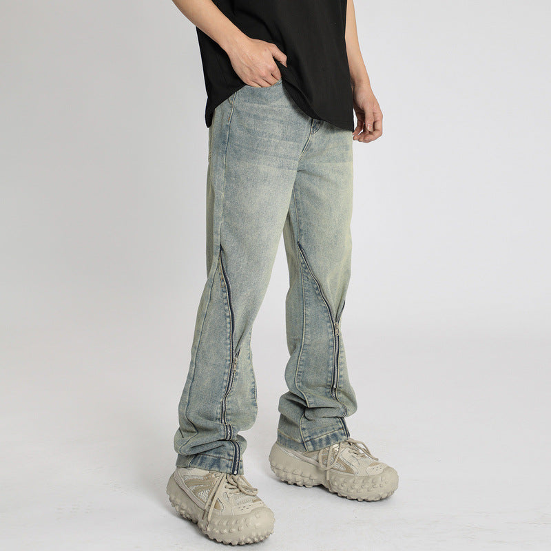 Men Jeans Zipper Jeans Men Vintage Straight-Leg Trousers
