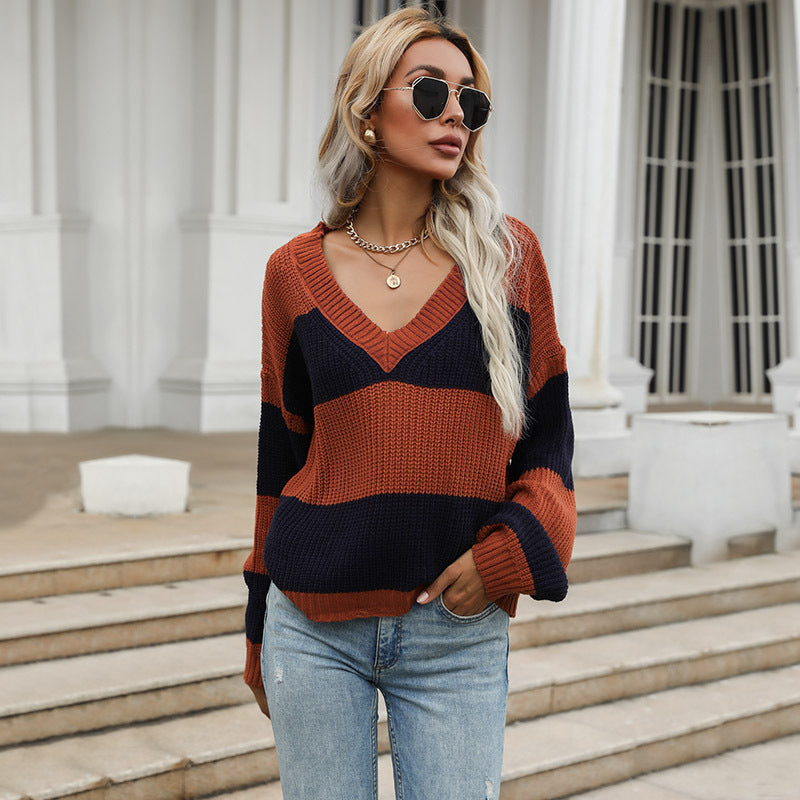 Women Knitted Sweater Fall Long Sleeve Color Matching Loose V-neck Sweater