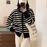 Women Knitwear Autumn and Winter Striped Lapel Double Zipper Sweater Coat Knitted Cardigan