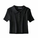 Women Sweater Knitwear Vintage Polo Lapel Single Breasted Thread Exposed Navel Knitted T-shirt