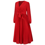 Women Date Dress Sexy V-neck Bubble Lantern Sleeve Pleated Skirt