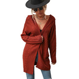 Women Knitted Sweater Autumn Winter Red Long Sleeve Hooded Sweater Cardigan Coat