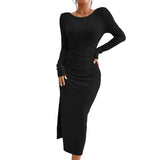 Women Dress Autumn Winter Sexy Backless Crew Neck Long Sleeve Narrow Dress