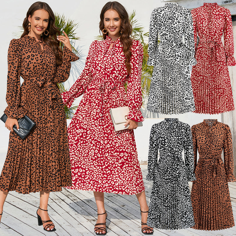 Women Date Dress Leopard Print Stud for Autumn and Winter Stand Collar Long Sleeve Dress Pleated Dress