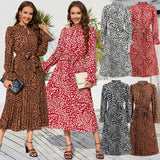 Women Date Dress Leopard Print Stud for Autumn and Winter Stand Collar Long Sleeve Dress Pleated Dress