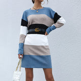 Women Knitted Sweater Autumn Casual Multicolor Long Sleeve Sweater Dress