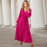 Women Date Dress Autumn and Winter V-neck Long Sleeve Pleated Dress