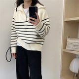Women Knitwear Autumn and Winter Striped Half Zipper and Lapel Knitwear Loose Sweater