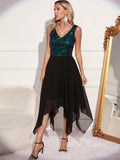 Women Evening Gown Sexy Retro Chiffon Stitching Green Sequins Dress