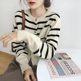 Women Knitwear Autumn round Neck Striped Sweater Vintage Loose Knitted Cardigan