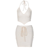 Women Co-Ord Set Backless V-neck Cropped Vest Skirt Suit Sexy Suit