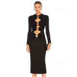 Harlem Night Attire Long Sleeve Iron Hoop Pierced Black Long Dress