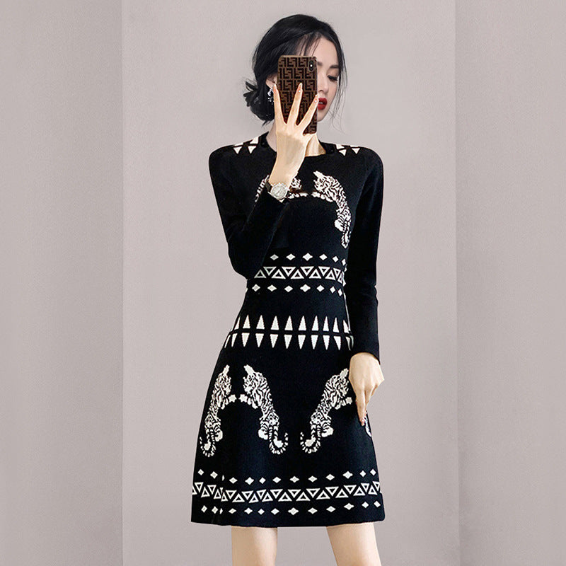 Women Maxi Dress Jacquard Knitted Dress Fall/Winter Sweater Dress