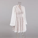 Women Dress Spring V-neck Lantern Sleeve A- line Skirt