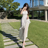 Women Dresses Square Collar Lace Dress Spaghetti Straps Sleeveless Long Dress