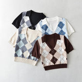 Women Sweater Knitwear Vintage Polo Shirt Short Sleeve Women's Summer Rhombus Contrast Color Knitwear Short T-shirt