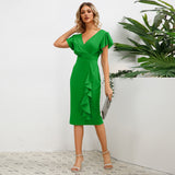 Women Date Dress round Neck Pleated Lace Dress