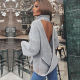 Women Knitted Sweater Long Sleeve Sexy Backless Cross Sweater Turtleneck Sweater