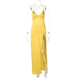 Women Dresses Spring Sexy V-neck Backless Self-Tie Slit Dress