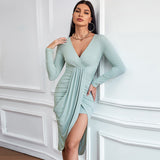 Women Dress Spring and Summer Leisure Slim Sheath V-neck Knitted Dress