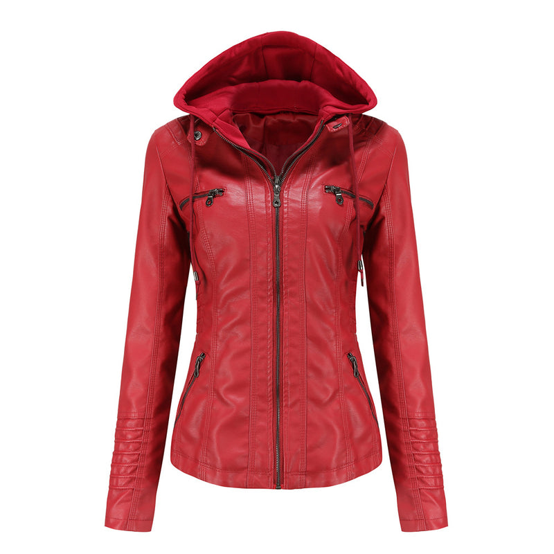 Red Leather Jacket Hooded Leather Jacket Two-Piece Detachable Leather Jacket Women's Spring and Autumn Coat Women's Pu