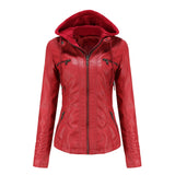 Red Leather Jacket Hooded Leather Jacket Two-Piece Detachable Leather Jacket Women's Spring and Autumn Coat Women's Pu