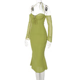 Women Dresses Chiffon Sexy Backless Dress Long Sleeve (Bla0420)