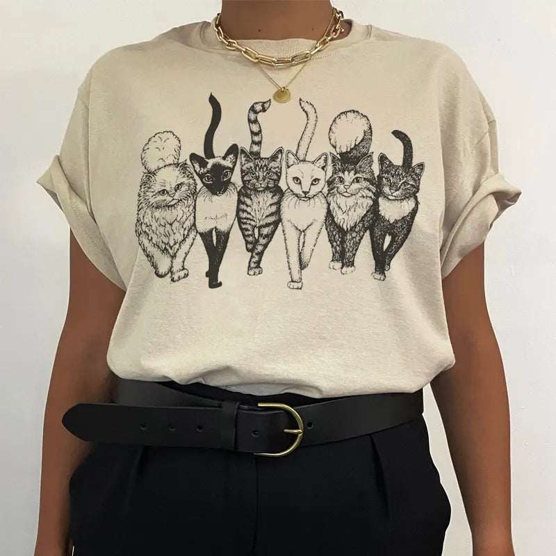Cat Gang Drawing Women T-Shirt Female Summer Casual Cotton