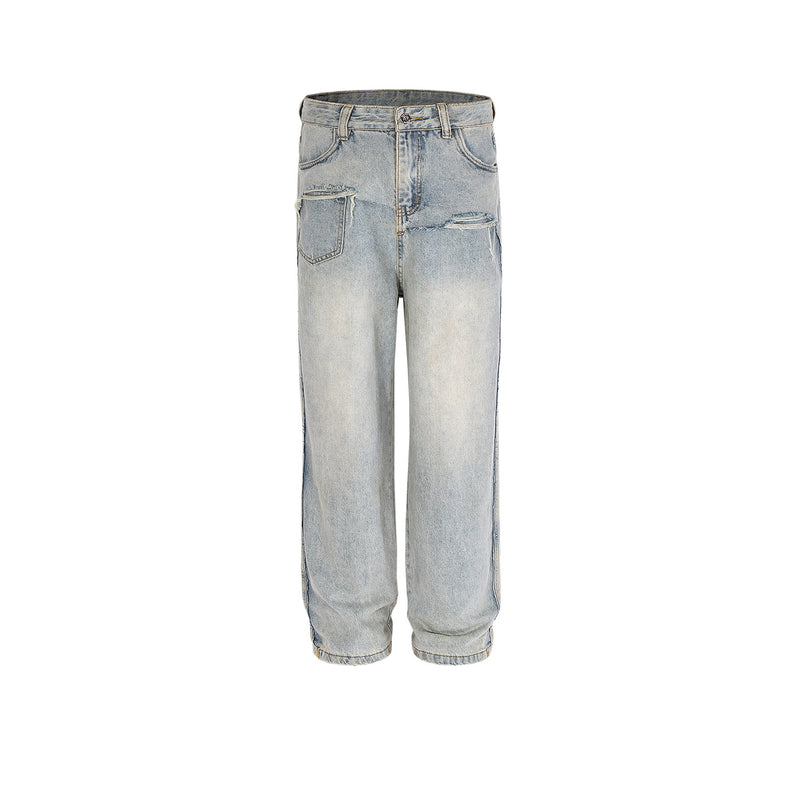 MIJKO Men Vintage Pants MIJKO splicing straight wash water to make old jeans