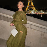 Women Dresses Winter Sexy Cutout Ripped Wool Long Sleeve Dress