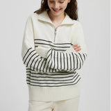 Women Knitted Sweater Autumn and Winter Turtleneck Striped Color Matching Long Sleeve Zipper Pullover Knitted Sweater