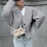 Women Trench Coat Vintage Woolen Short Coat Autumn and Winter Batwing Sleeve Casual Loose
