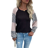 Women Knitted Sweater Autumn Long Sleeve Waffle Top Stitching Leopard Print