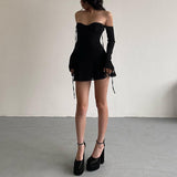 Women Dresse Sexy Black Dress Mesh Oversleeve Backless Dress
