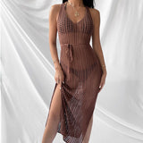 Women Knit Beach Cover Beach Casual Solid Color Knitted Spaghetti Straps Knitted Dress