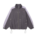 Men Jacket Coat Patch Five-Pointed Star Stand Collar Zipper Coat Color Matching Flight Jacket Loose