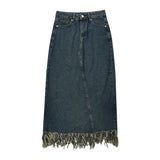 Women Long Skirt Tassel Denim Midi Dress A- line Skirt