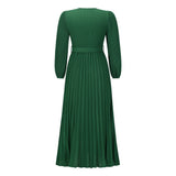 Women Date Dress V-neck Long Sleeve Pleated Dress