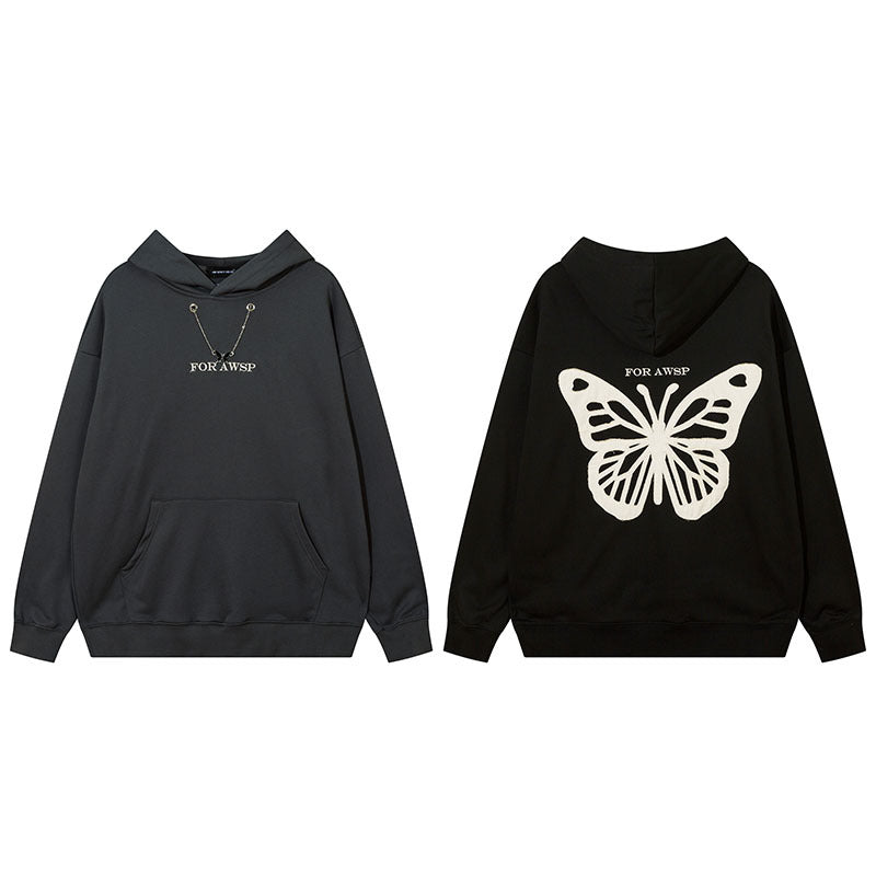 Men Hoodie Vintage Butterfly Affixed Cloth Embroidered Hooded Sweater