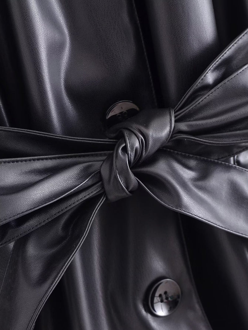 Women Leather Jacket Fall Lapels Shirt-Style Loose PU Leather Women's Mid-Length Jacket