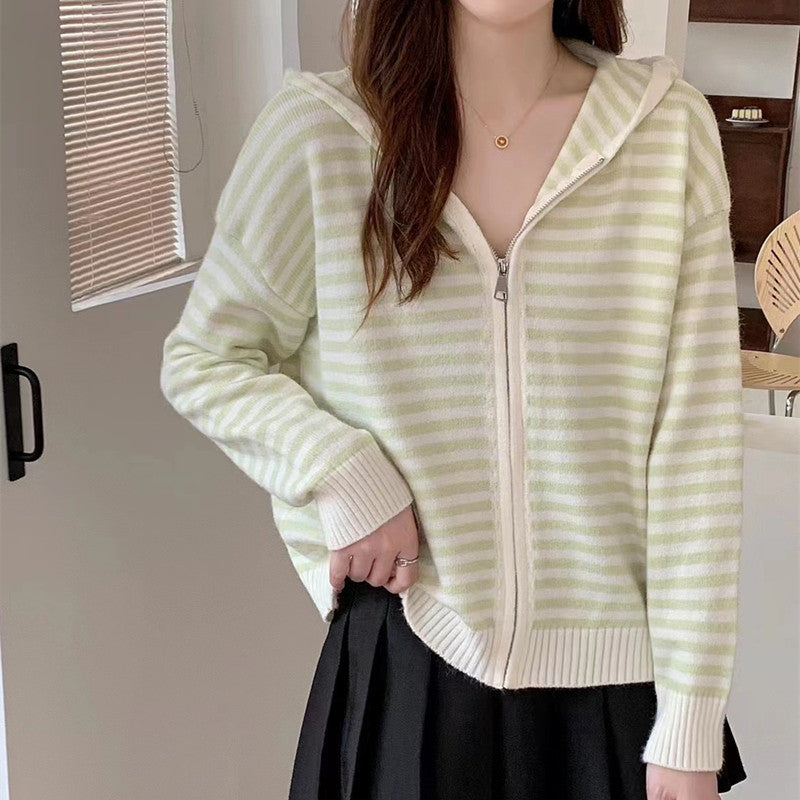 Women Knitwear Autumn and Winter Striped Hooded Sweater Women's Loose Casual Knitted Cardigan