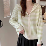 Women Knitwear Autumn and Winter Striped Hooded Sweater Women's Loose Casual Knitted Cardigan