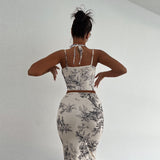 Women Dresses Summer Retro Style Slim-Fit Printed Skirt Two-Piece Suit (Bla0420)