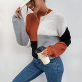Women Knitted Sweater Fall Long Sleeve Color Matching Turtleneck Sweater Loose