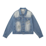 Women Jacket Five-Pointed Star Affixed Cloth Embroidered Washed White Denim Jacket
