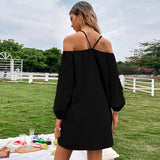 Women Dress Spring/Summer Loose Casual Short Skirt off-Shoulder Braces Long Sleeve Dress