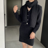 Women Knitted Two-Piece Set Cardigan Skirt Scarf Three-Piece Set Button Knitted Sweater Casual Suit 1t8852